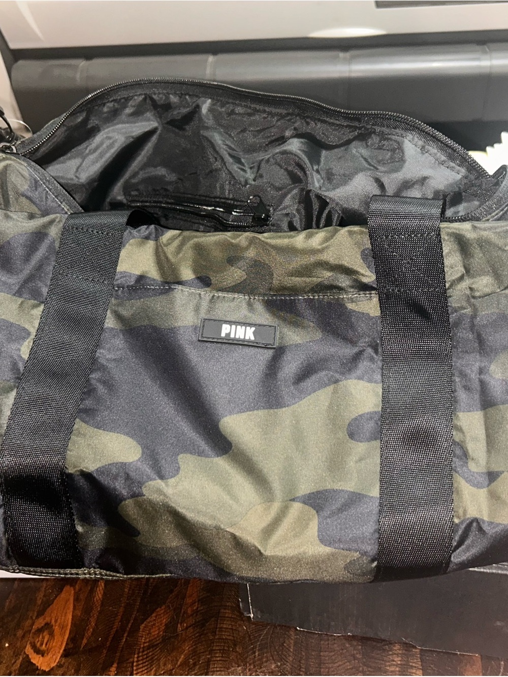 PINK Victoria's Secret Camo Duffle Bag in Green and Black